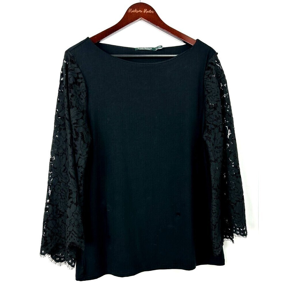 Lauren Ralph Lauren Women XL Blouse Black Lace Bell Sleeve Fairycore Whimsigoth - Picture 4 of 12
